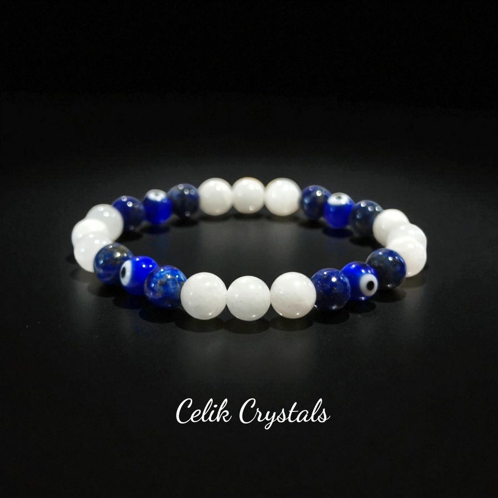 Evil Eye Bracelet With Lapis Lazuli and Moonstone 8mm
